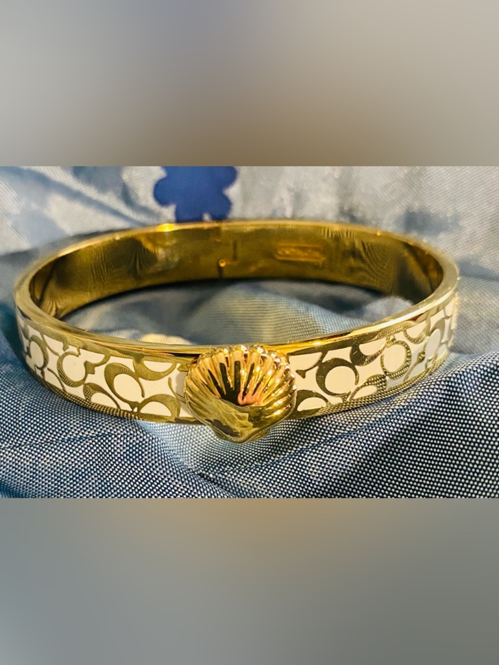 Coach Legacy C Seashell Gold Plated White Bangle Clasp Bracelet, Authentic